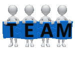 Four stick figures holding up 4 puzzles pieces when put together they spell TEAM.