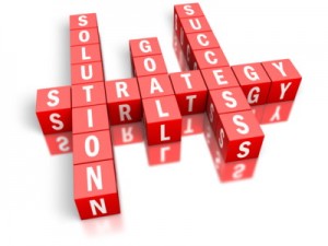 Crossword with Solution, Goal, Success intersecting with Strategy.