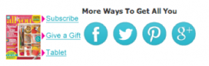 Social media light blue icons for Facebook, Twitter, Pinterest and Google Plus, that link 'All You' shoppers to their social networks.